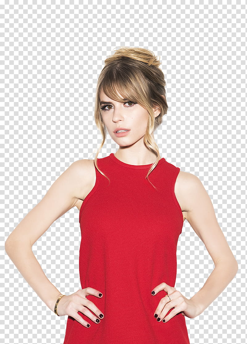 Carlson Young, woman wearing red sleeveless dress holding her waist transparent background PNG clipart