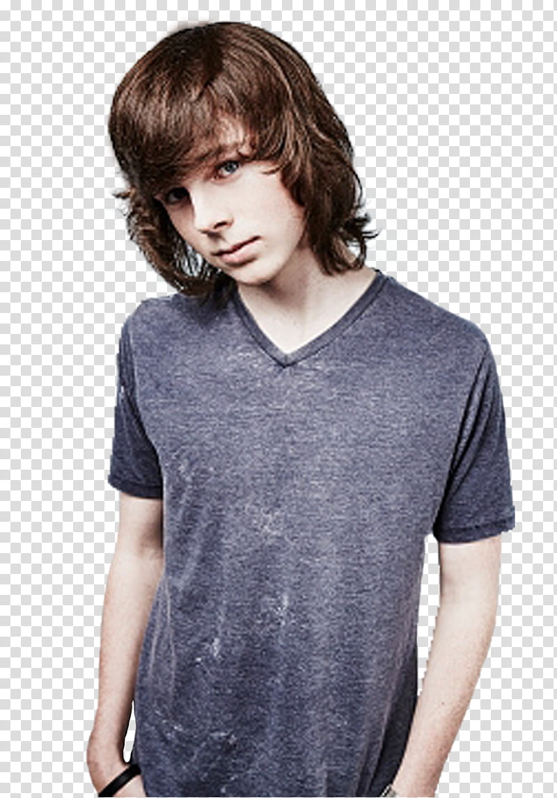 Chandler Riggs, boy wearing grey V-neck t-shirt art transparent background PNG clipart