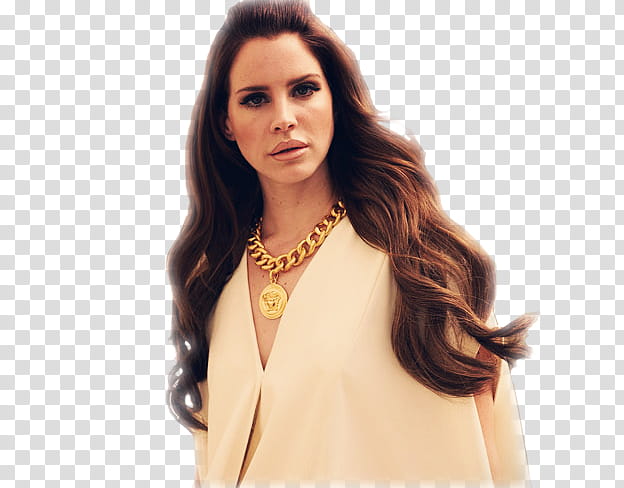 Lana Del Rey, girl wearing white V-neck top and gold-colored necklace transparent background PNG clipart