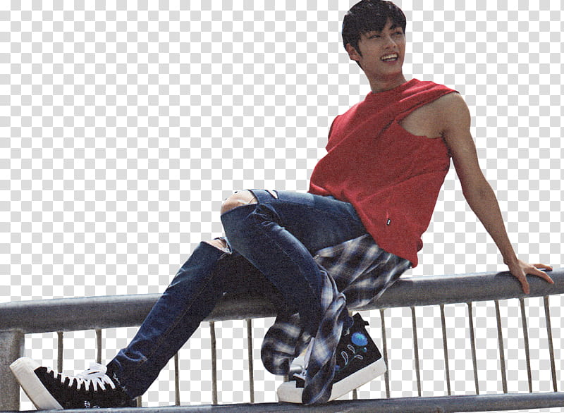 JUN SEVENTEEN ALONE, man in red sleeveless shirt sitting on steel fence transparent background PNG clipart