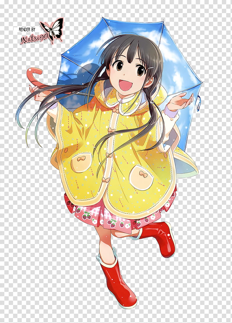 Watchers, girl holding umbrella wearing yellow raincoat transparent background PNG clipart