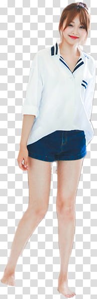 Rani , standing woman wearing white long-sleeved shirt and blue denim short shorts transparent background PNG clipart