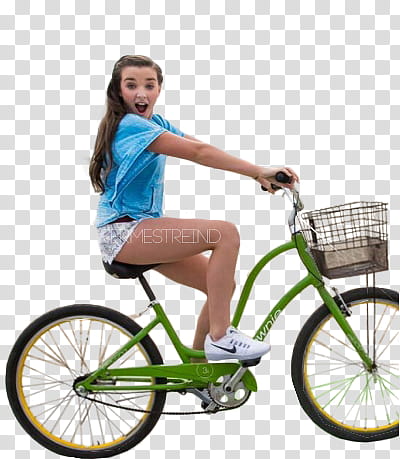 girl wearing crew-neck shirt and blue denim short riding green city bike transparent background PNG clipart