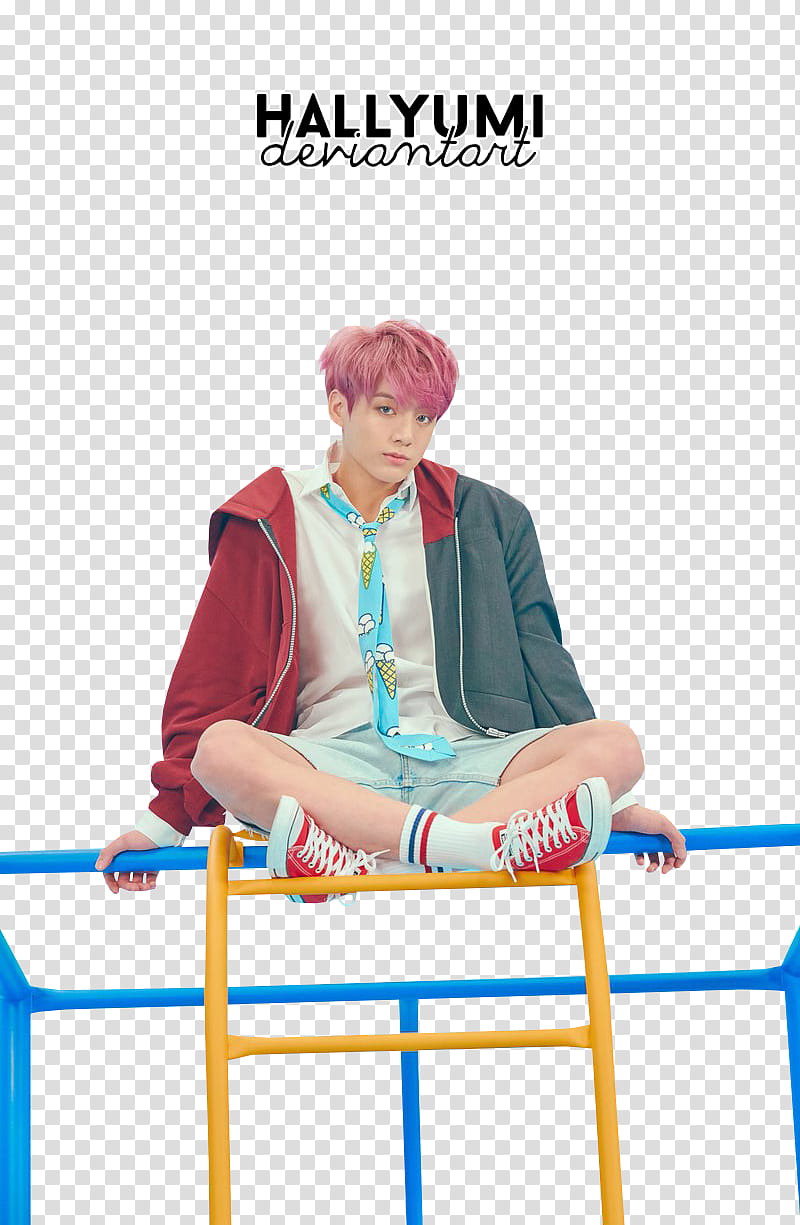 BTS Love Yourself Answer F Ver, man in grey and red hoodie sits on blue bar with text overlay transparent background PNG clipart