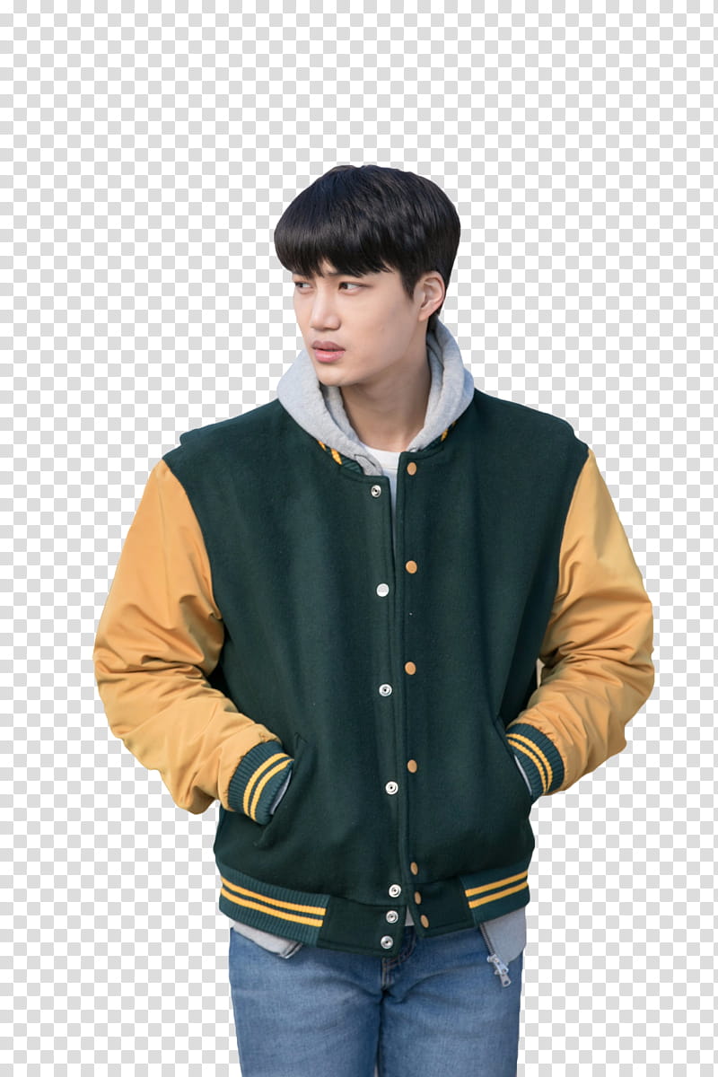 Kai EXO ANDANTE, man in green and yellow letterman jacket transparent background PNG clipart