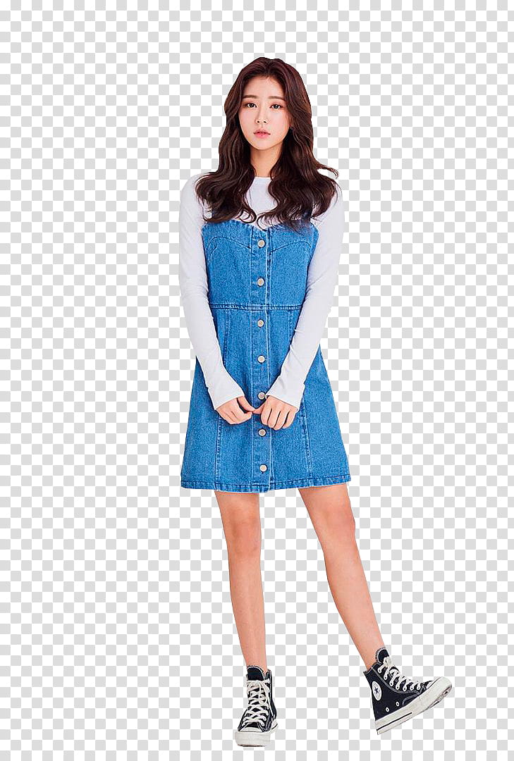 KIM JEON YEON, woman wearing white sweatshirt and blue denim dress transparent background PNG clipart