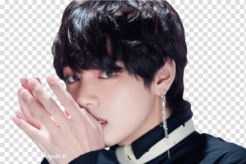 Taehyung BTS, man wearing silver-colored drop earrings with thumbs on lips transparent background PNG clipart