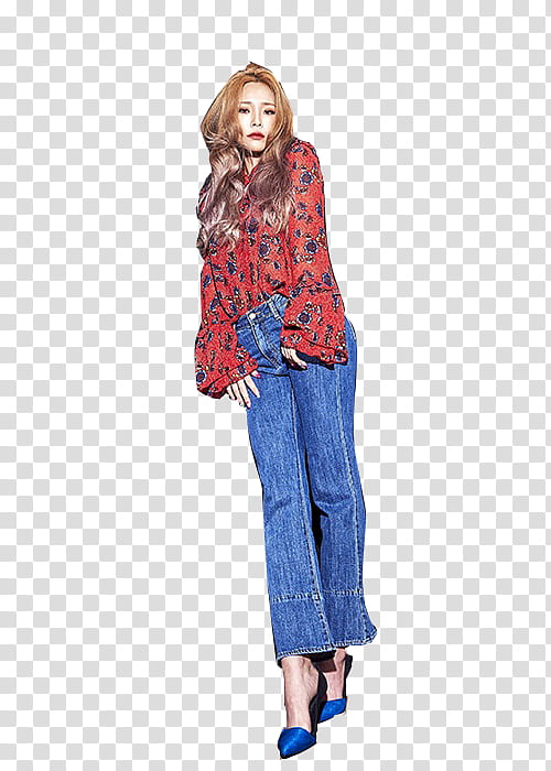 Heize, woman in red top and blue jeans transparent background PNG clipart