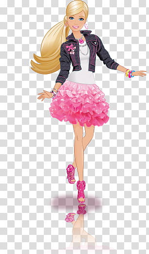 Barbie and Friends, barbie character wearing black jacket, white shirt and pink skirt transparent background PNG clipart