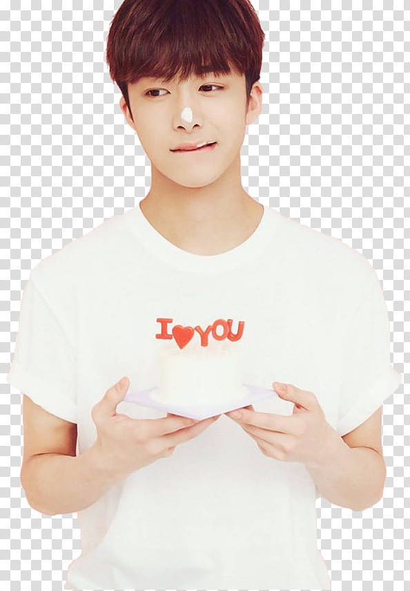 Hyungwon for Monbebe World, man wearing white t-shirt holding I Love You signage transparent background PNG clipart
