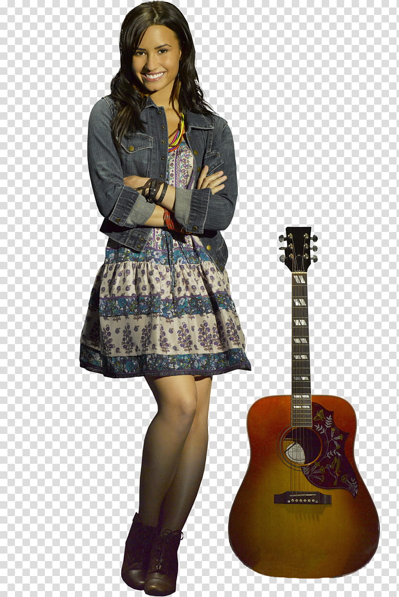 Camp Rock , Demi Lovato standing while crossing her arms beside guitar transparent background PNG clipart