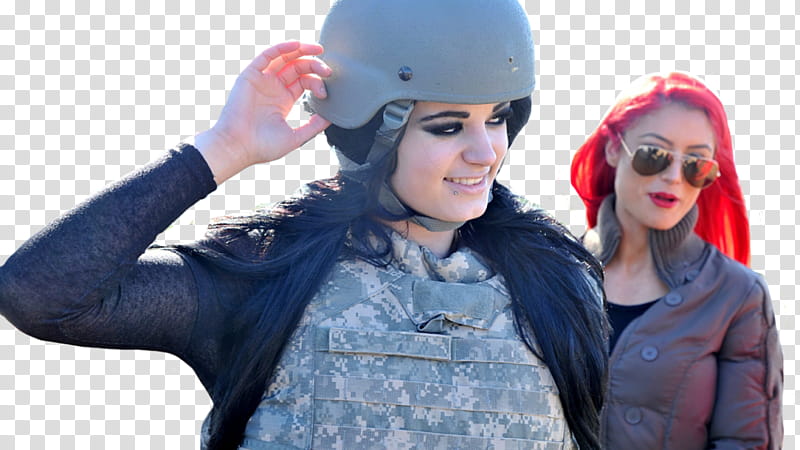 WWE Divas open fire at Fort Bennings weapons range, woman wearing gray helmet beside girl in red hair during daytime transparent background PNG clipart