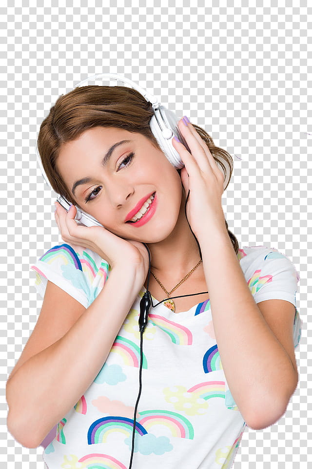 woman wearing white rainbow-printed shirt and white headphones transparent background PNG clipart