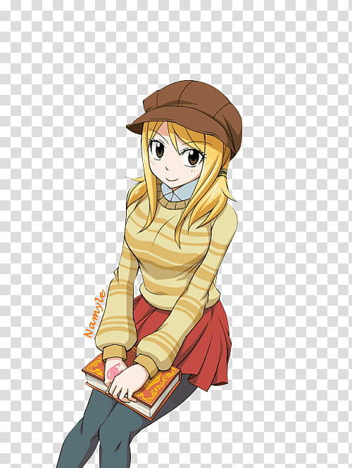 Lucy Heartfilia Render, female anime character in brown jacket transparent background PNG clipart