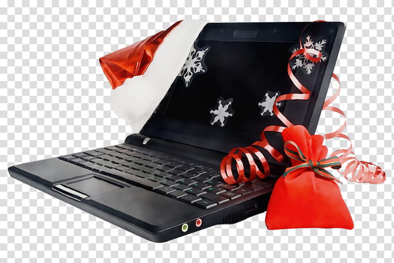 laptop netbook red technology personal computer, Christmas Ornaments, Christmas Decoration, Christmas , Watercolor, Paint, Wet Ink transparent background PNG clipart