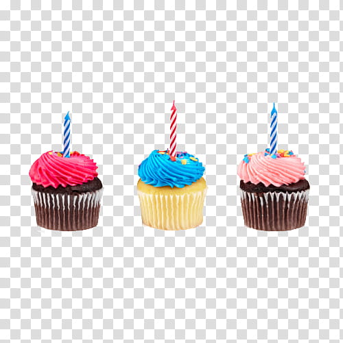 So Yummy S, three red, blue, and pink cupcakes with candles transparent background PNG clipart