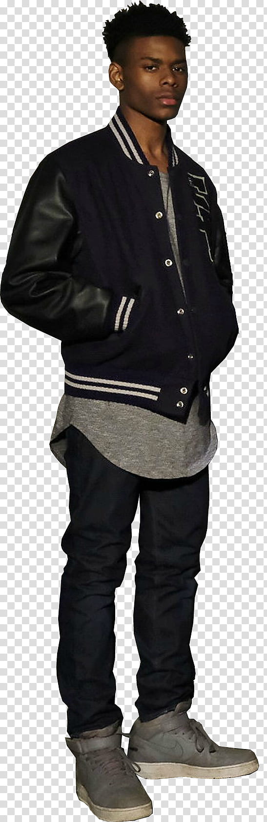 Marvel Cloak and Dagger Cloak, man in black letterman jacket, gray shirt, and black pants transparent background PNG clipart