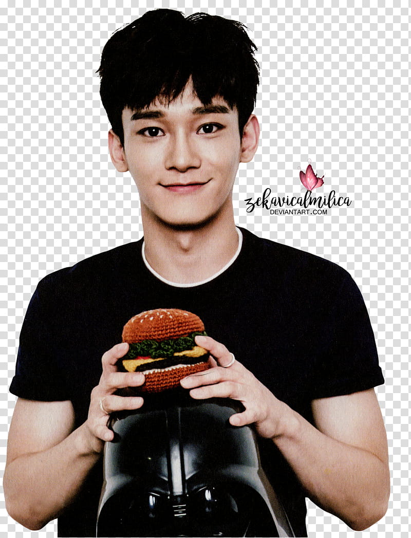 EXO Chen  Season Greetings, smiling man holding burger transparent background PNG clipart