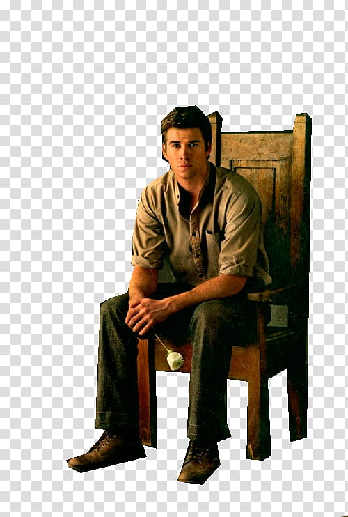 The Hunger Games Catching Fire, man in brown dress shirt and blue denim jeans sitting on brown chair transparent background PNG clipart