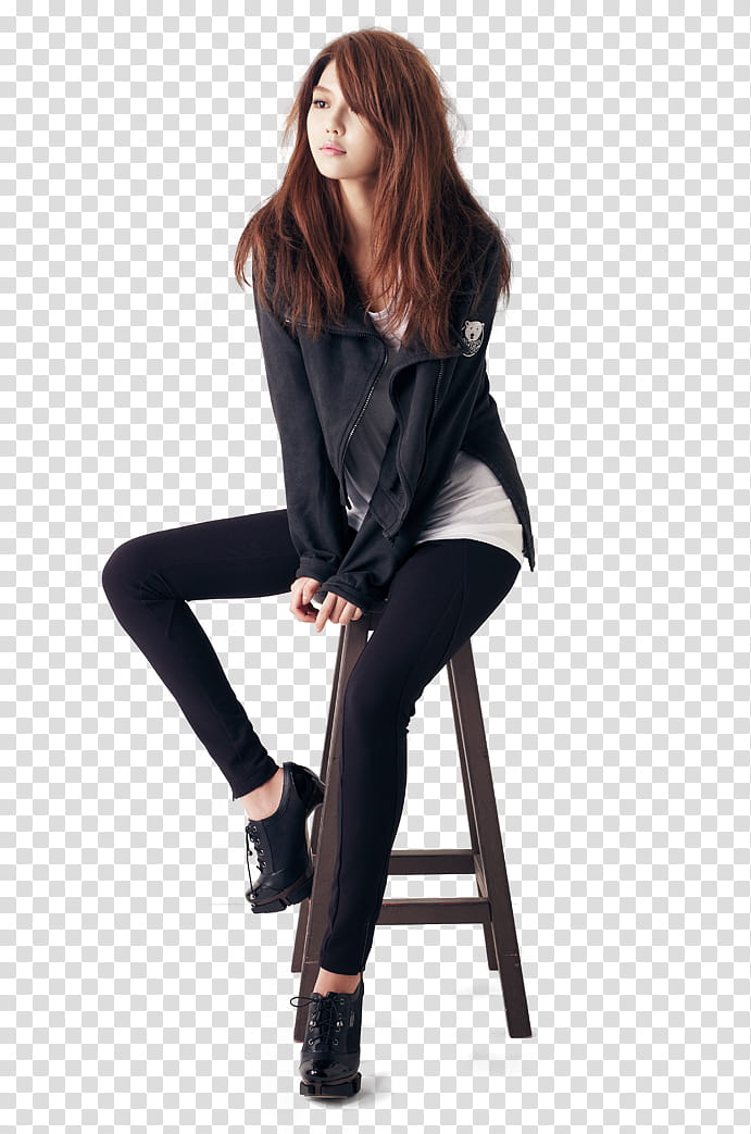 Sooyoung SNSD render, woman wearing black jacket sitting on brown stool transparent background PNG clipart