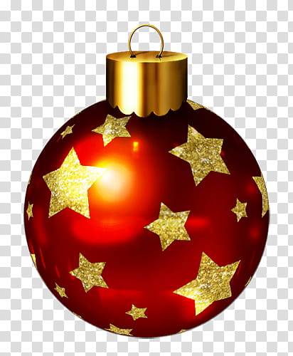 Christmas balls, red and yellow star decor transparent background PNG clipart