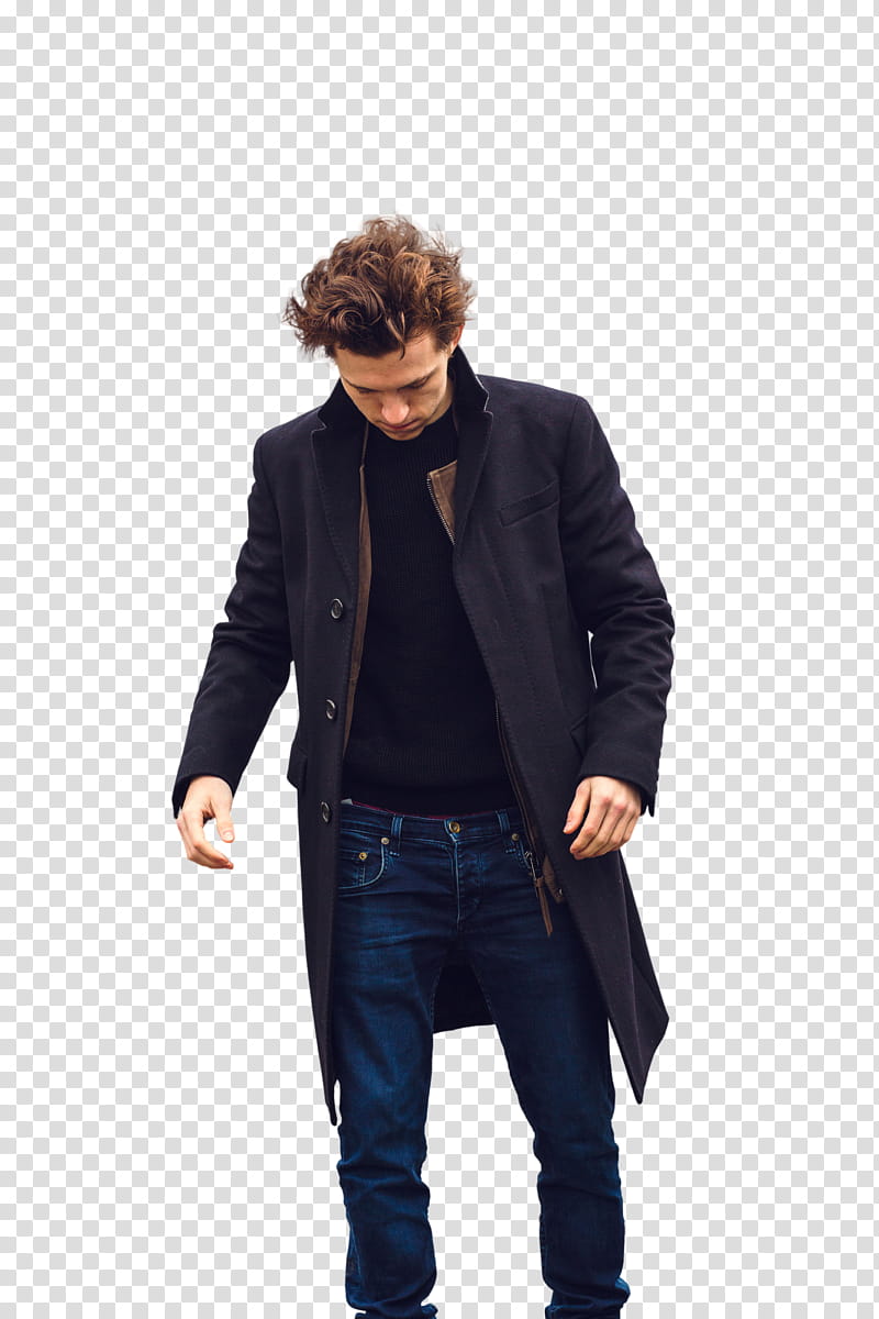 Tom Holland, man wearing trench coat looking down while walking transparent background PNG clipart