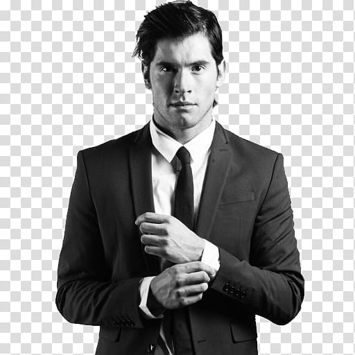 German Garmendia, grayscale of man wearing black formal suit transparent background PNG clipart