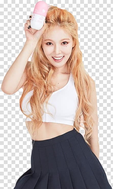 HyunA GRN, woman smiling while rising hand holding plastic container transparent background PNG clipart