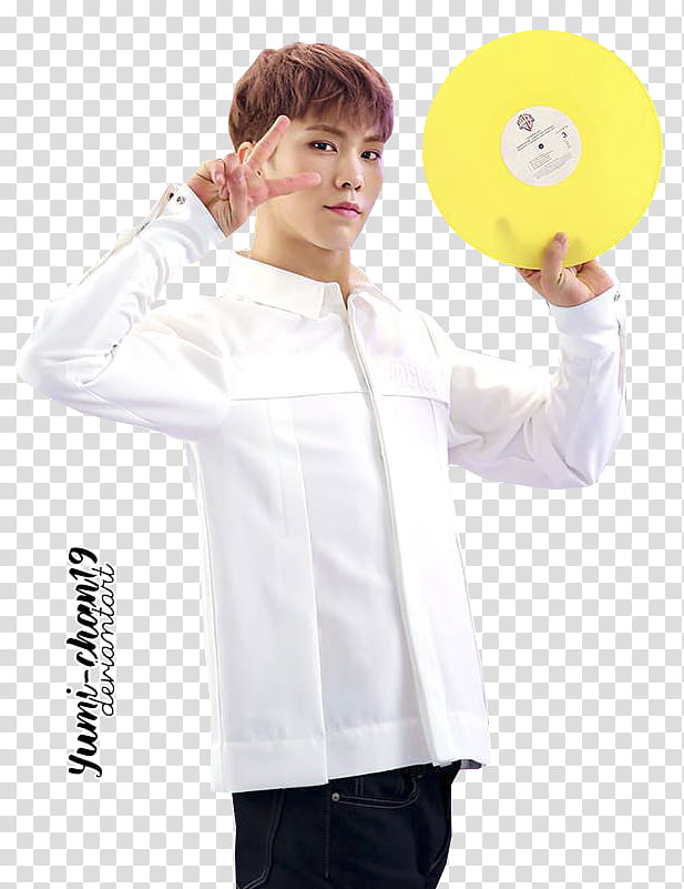 ASTRO, man in white collared long-sleeved shirt holding yellow vinyl record and making peace hand sign transparent background PNG clipart