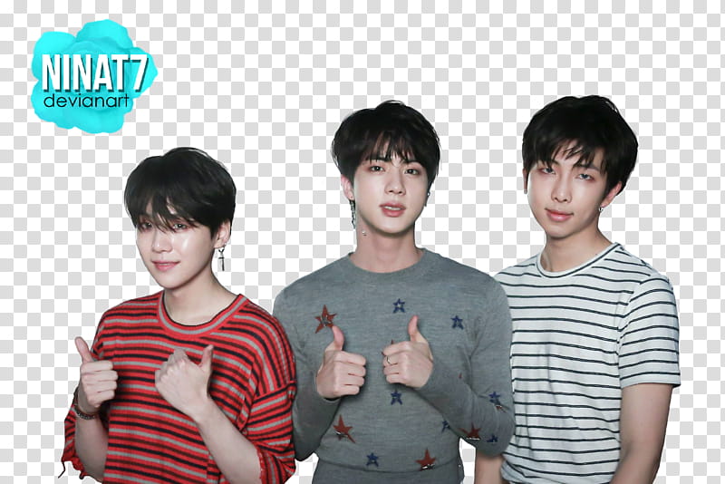 bts, three men wearing red shirt, long-sleeved shirt, and white striped crew-neck t-shirt transparent background PNG clipart