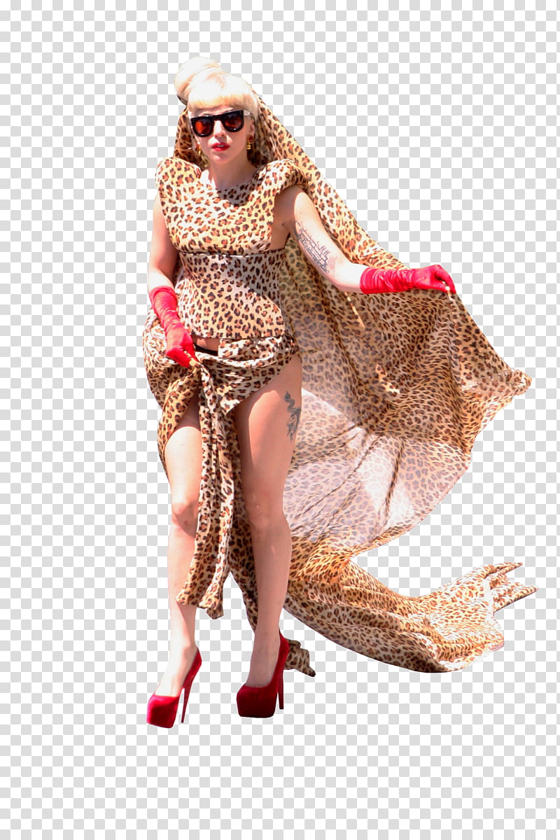 Lady Gaga , woman in brown leopard pattern sleeveless dress transparent background PNG clipart