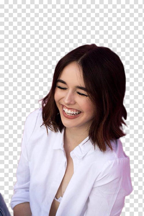 ACACIA BRINLEY, woman wearing white collared button-up long-sleeved shirt laughing transparent background PNG clipart