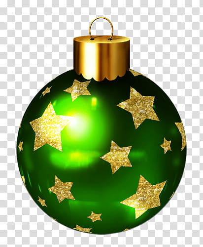 Christmas balls, green and yellow star decor transparent background PNG clipart