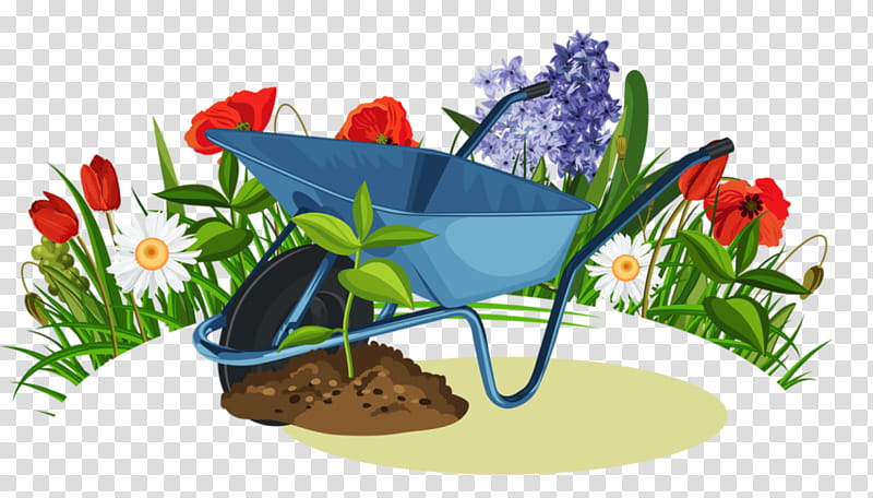 Wheelbarrow, Garden, Cartoon, Tree, Flowerpot, Plant, Tulip, Wildflower transparent background PNG clipart