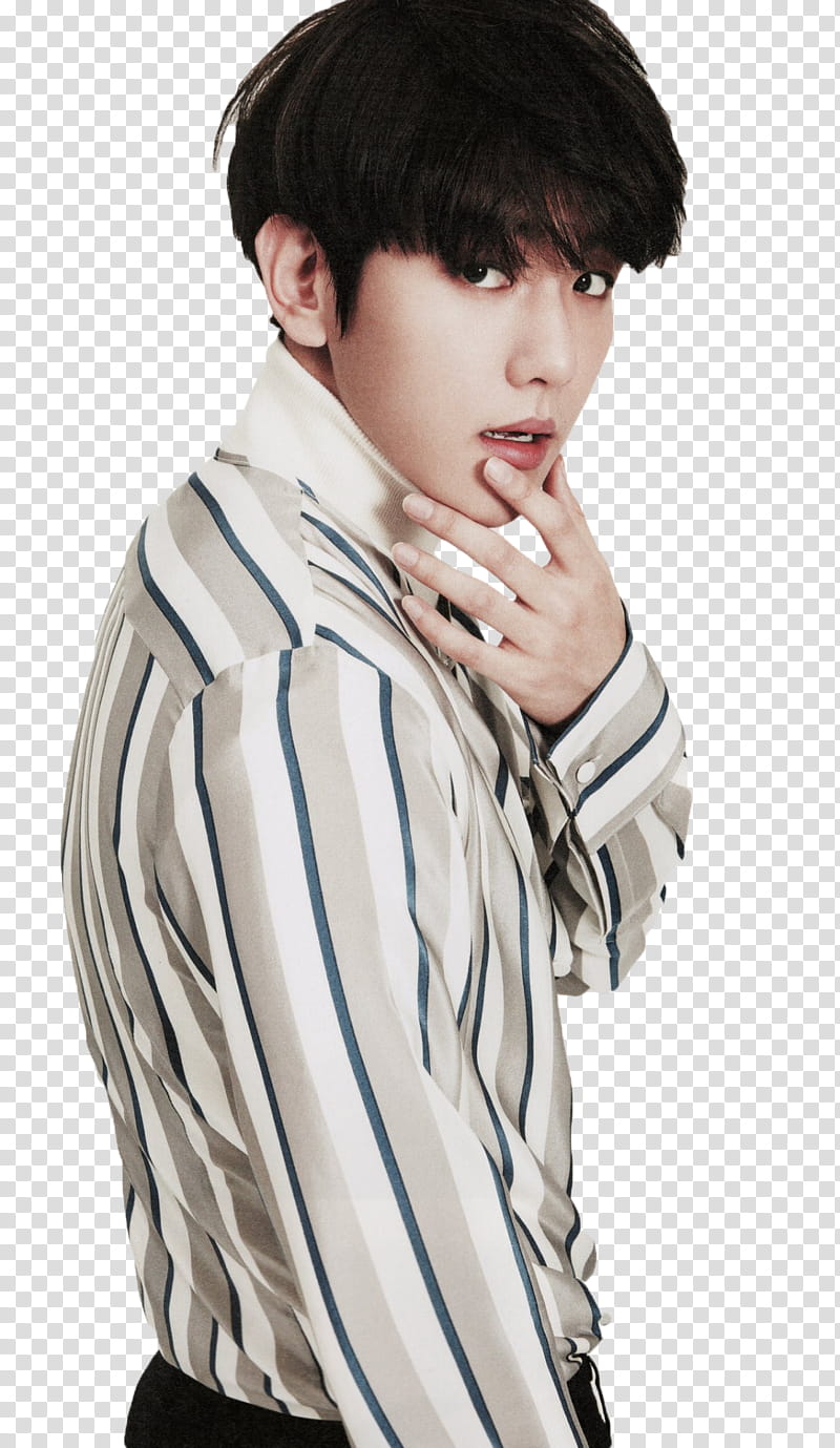 Baekhyun EXO S, man wearing brown and white striped dress shirt transparent background PNG clipart