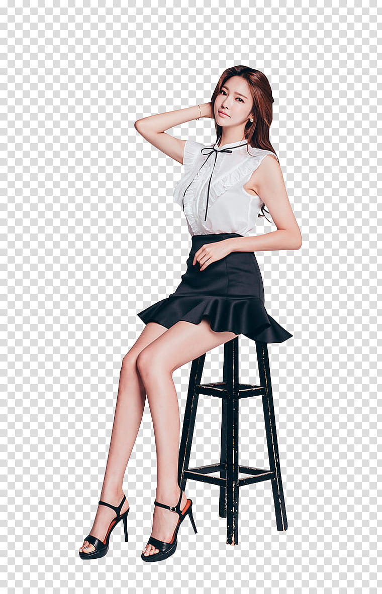 PARK JUNG YOON, woman in white blouse and black miniskirt sitting on black wooden bar stool transparent background PNG clipart