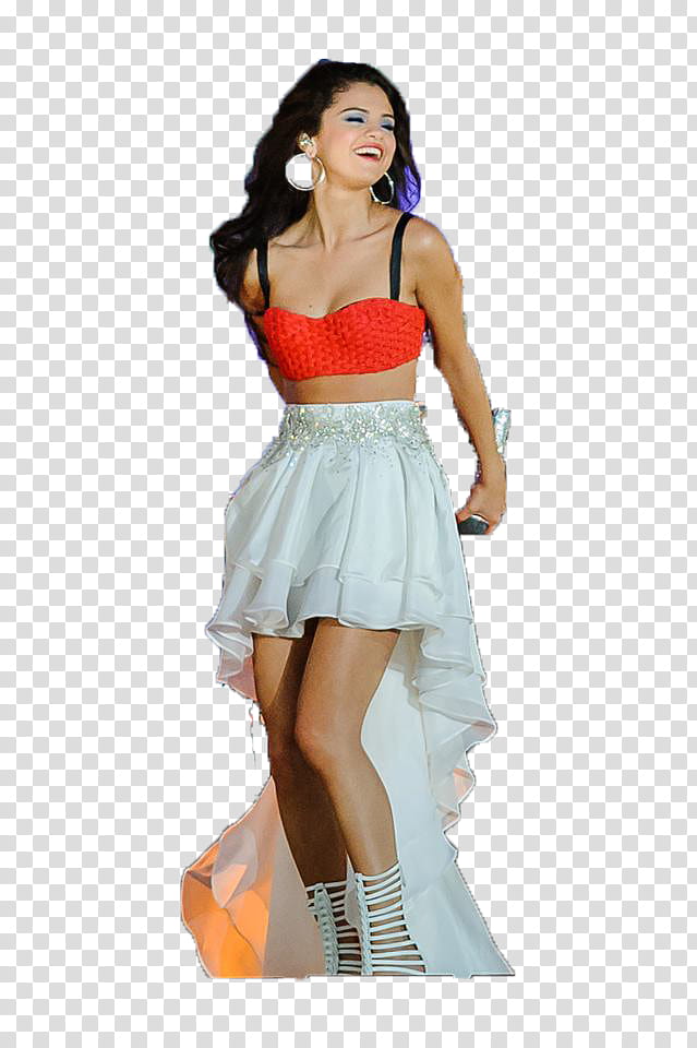 SelenaGomez, Selena Gomez wearing bustier top and white high-low skirt transparent background PNG clipart