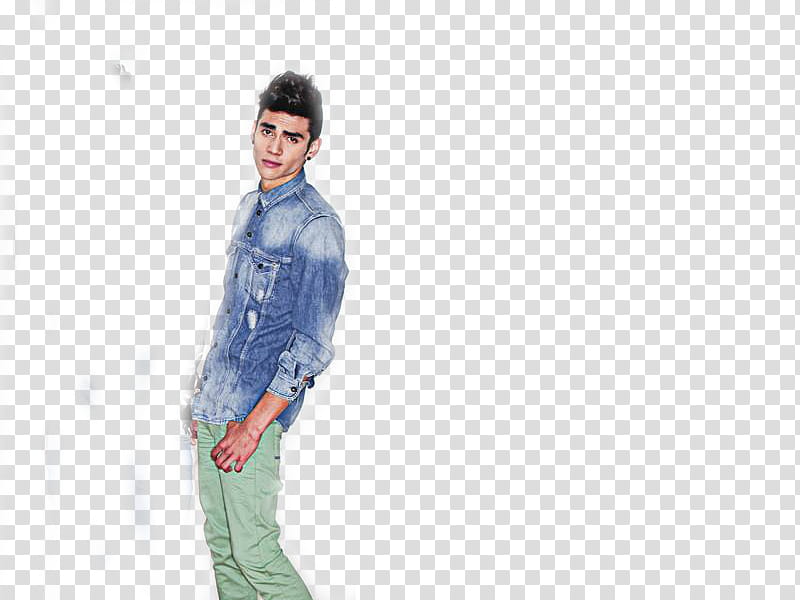 man wearing blue faded jacket and green denim jeans transparent background PNG clipart