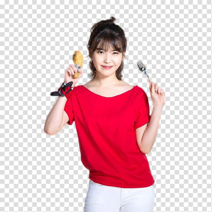 woman in red shirt holding fried chicken and fork transparent background PNG clipart