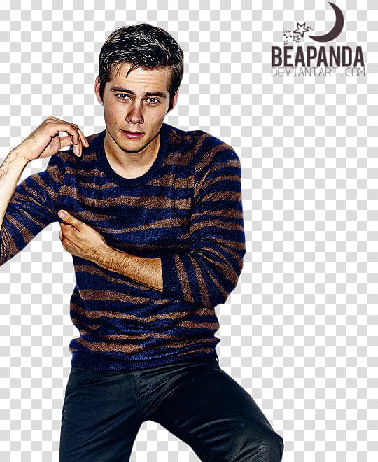 Dylan O Brien, man wearing blue and brown striped sweater with text overlay transparent background PNG clipart