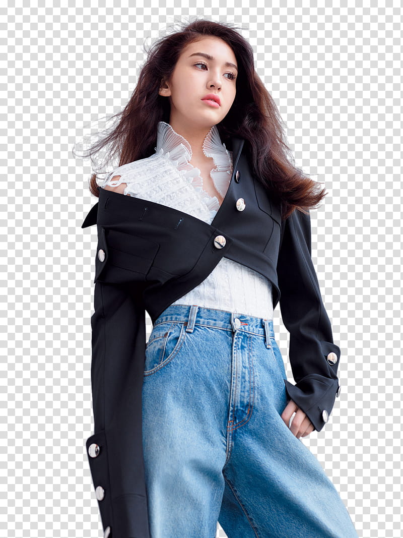 SHARE Jeon Somi Harper Bazaar JYP, woman standing wearing white ruffle sleeveless top, black bolero jacket, and black denim high-waist pants transparent background PNG clipart