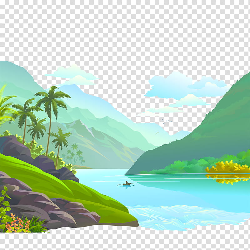 Cartoon Nature, River, Water, Body Of Water, Natural Landscape, Green, Water Resources, Sky transparent background PNG clipart