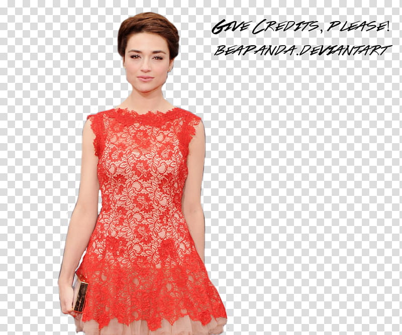 Crystal Reed, women's wearing orange lace floral sleeveless dress transparent background PNG clipart