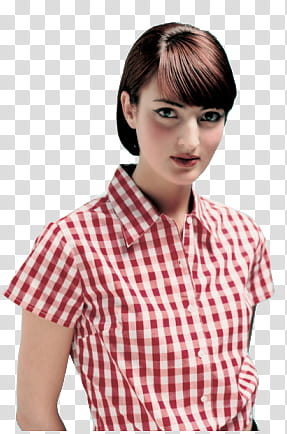 woman in red and white button-up collared top transparent background PNG clipart