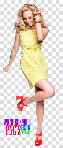 Candice Accola, woman in yellow minidress standing while smiling transparent background PNG clipart
