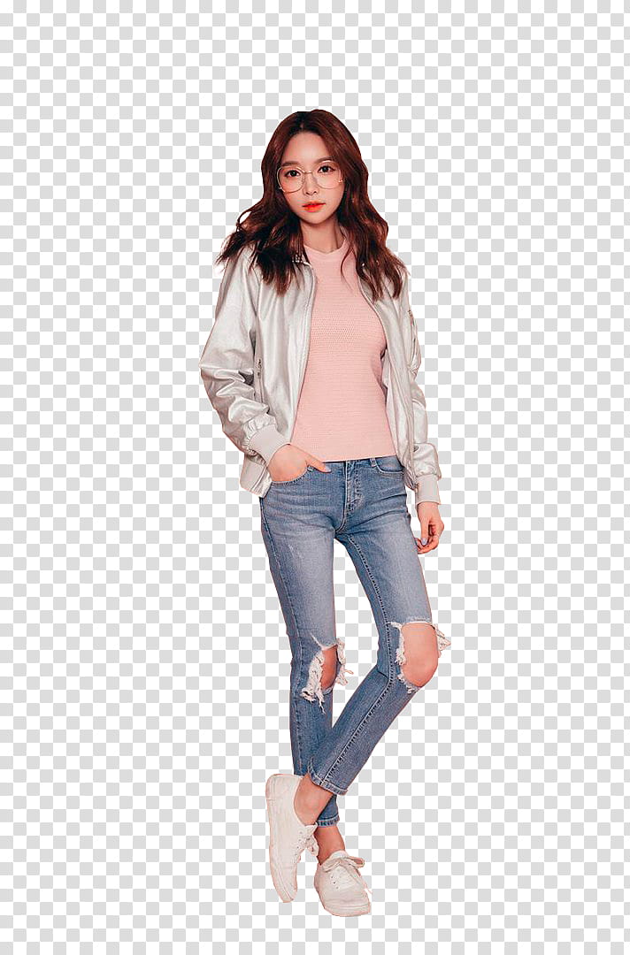 PARK SOO YEON, women wearing blue distressed jeans transparent background PNG clipart