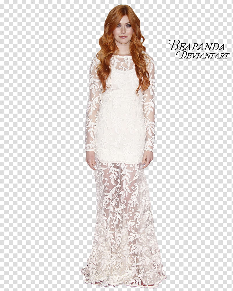 Katherine McNamara, woman wearing white lace long-sleeved dress transparent background PNG clipart