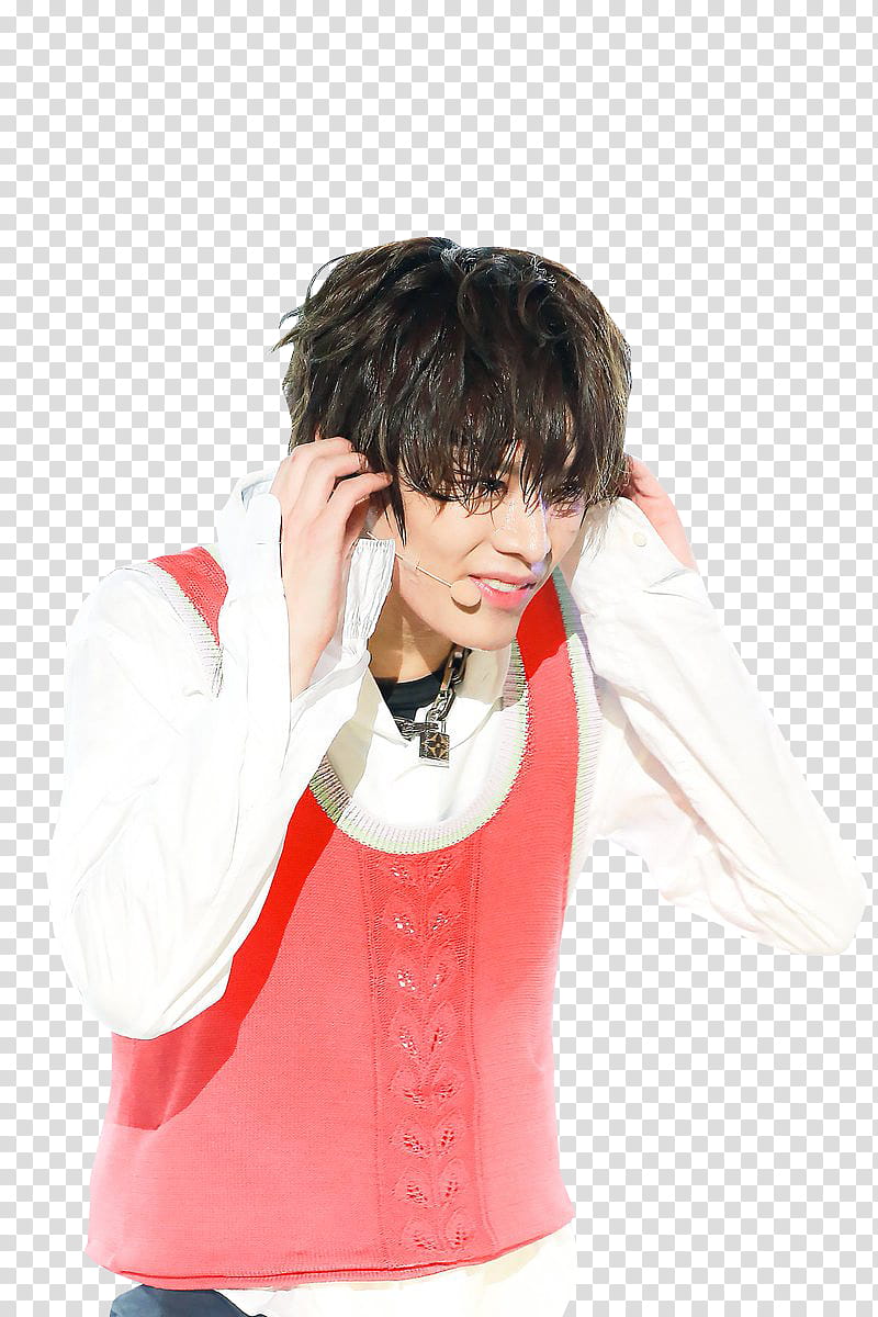 YUTA NCT , man wearing red vest holding his ears transparent background PNG clipart