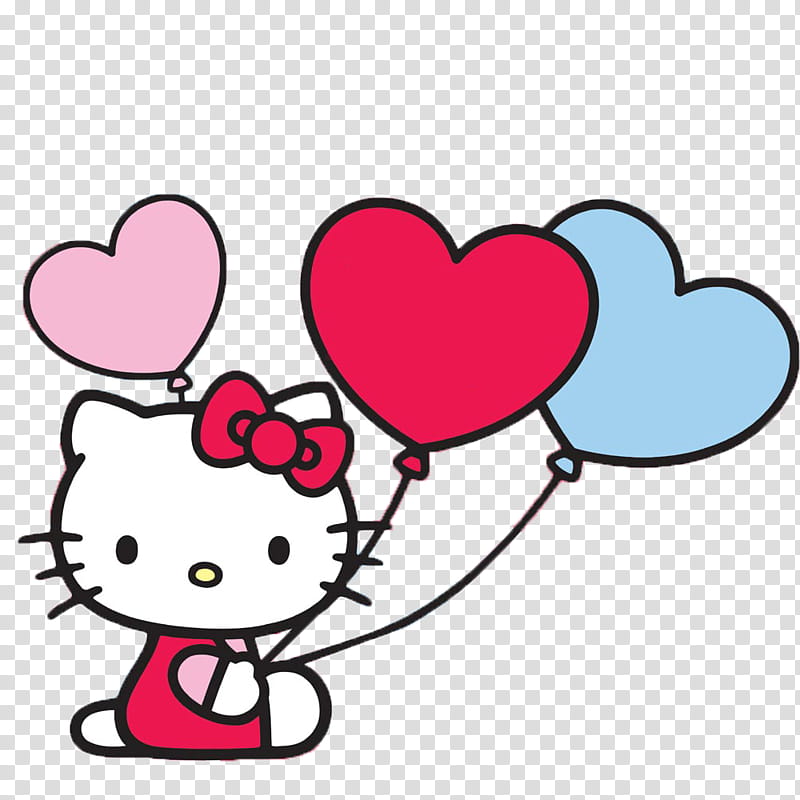 Hello Kitty, Hello Kitty holding three blue, red, and pink balloons illustraiton transparent background PNG clipart