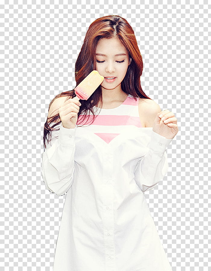 Black pink Jennie Kim, woman wearing white long-sleeved dress holding Popsicle transparent background PNG clipart